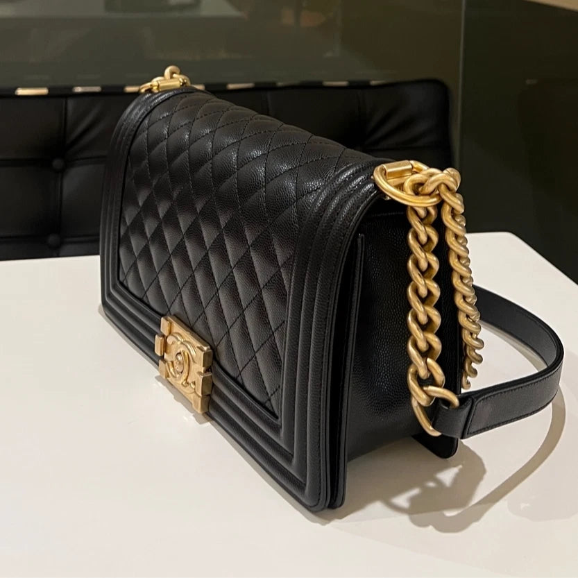 Authentic CHANEL Le Boy Medium Shoulder Bag Black with Gold Hardware