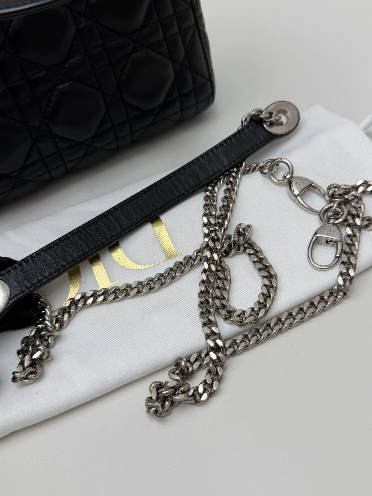 Christian Dior Lady Dior Lambskin Black Handbag Chain Crossbody Silver Hardware