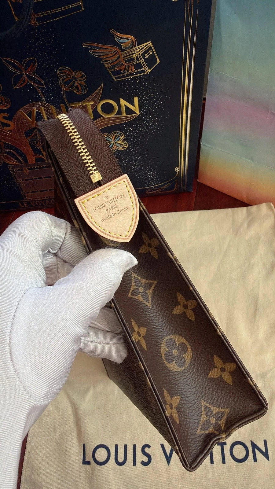 Louis Vuitton Toiletry Pouch Monogram Clutch Brown Gold Unisex Adults Classic