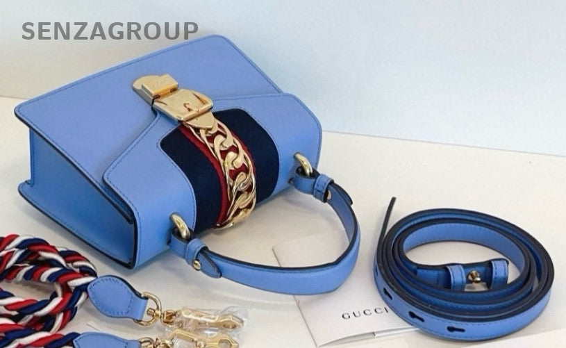 GUCCI Sylvie Small sky blue Top Handle 2WAY Shoulder bag Crossbody Leather WOMEN