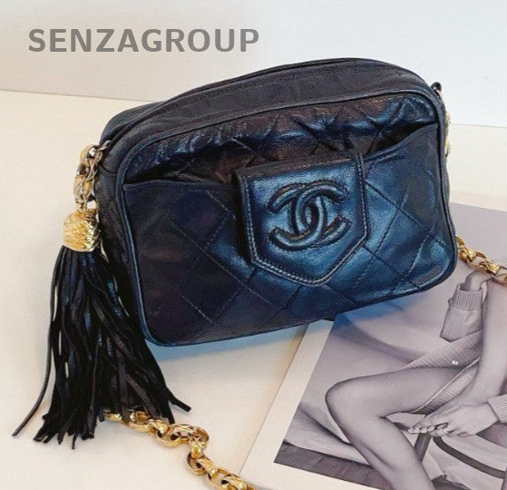 Chanel Diamond Chain Tassel Shoulder Bag Black Gold Used Women Classic Vintage