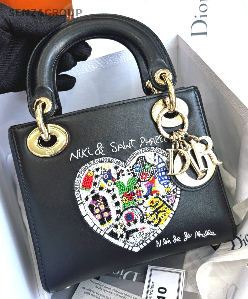 Chirstian Dior Lady Pearl Embroidery Top Handle Chain 2way Shoulder bag Black