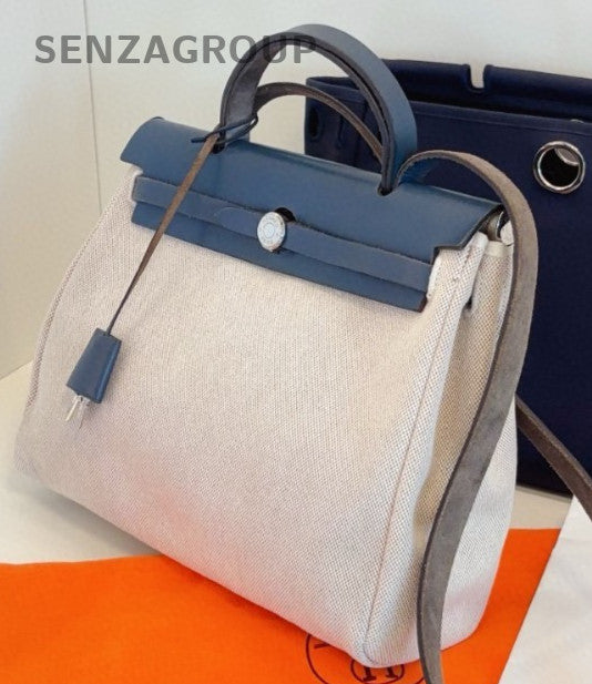 Hermes Herbag31 Top Handle Bag Shoulder Bag White Blue Silver Women Vintage