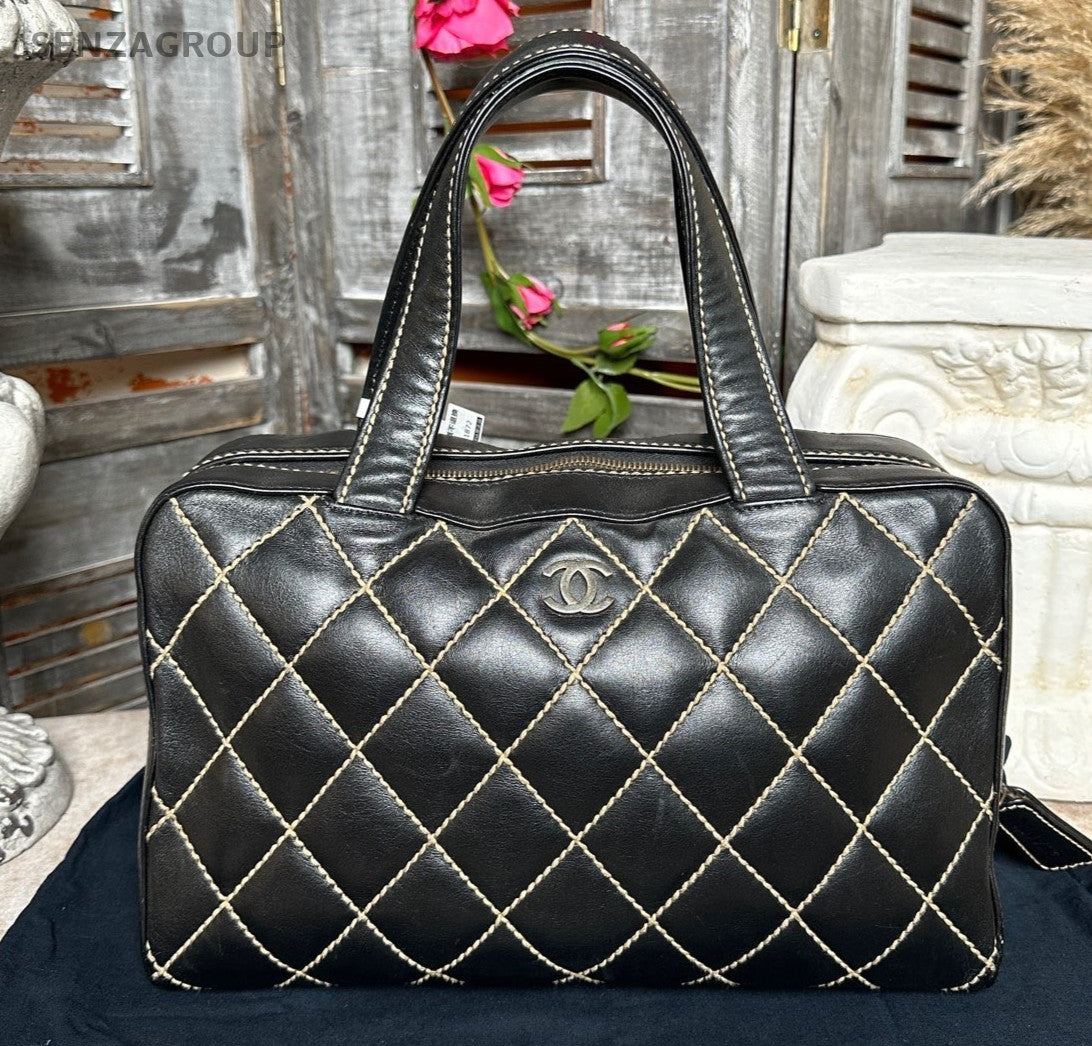 Chanel Bolide Diamond Top Handle Bag Black Silver Used Women Classic Vintage