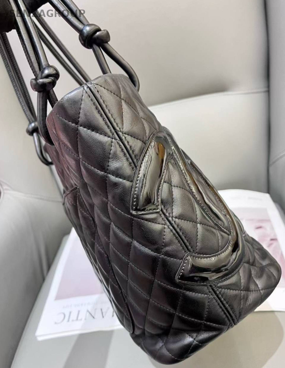 CHANEL Cambon All Black Shoulder bag tote Good Condition