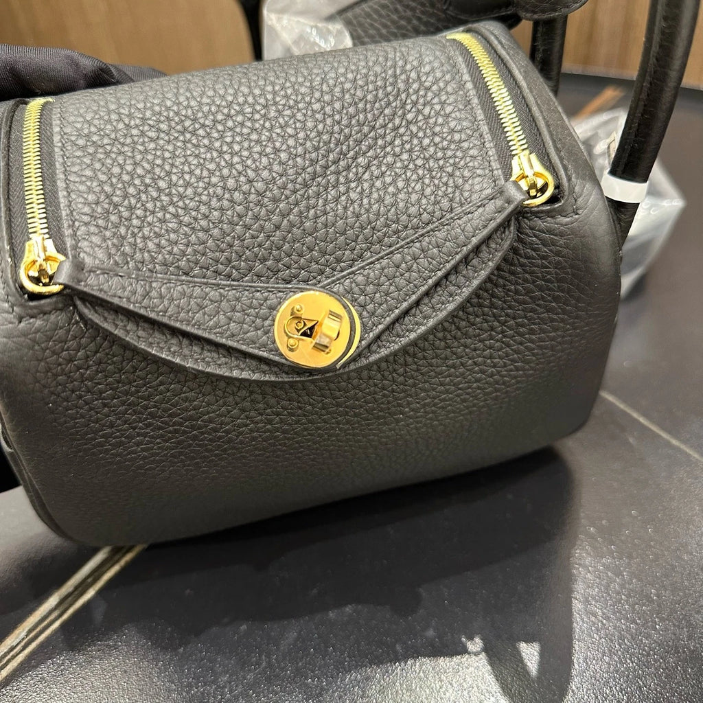 Hermes Mini Lindy Black Gold Togo Leather Top Handle Bag For Women
