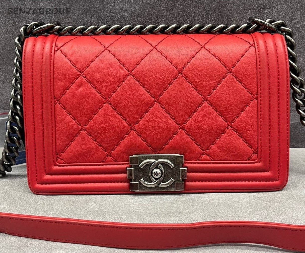 Chanel Leboy MM Calfskin Chain Shoulder Bag Red Silver Women Classic