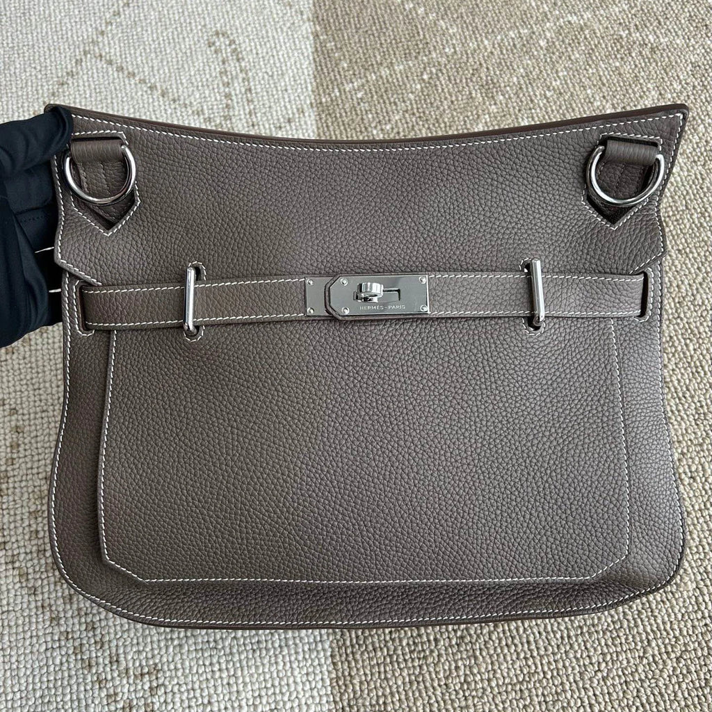 Hermes Jypsiere34 TC Leather Shoulder Bag Gray Silver Unisex Adults