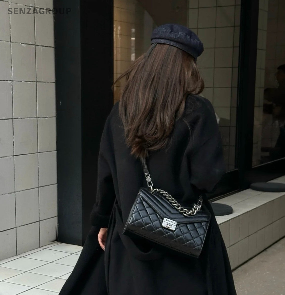 Chanel Calfskin Chain Top Handle Shoulder Bag Crossbody Black Silver Used Women