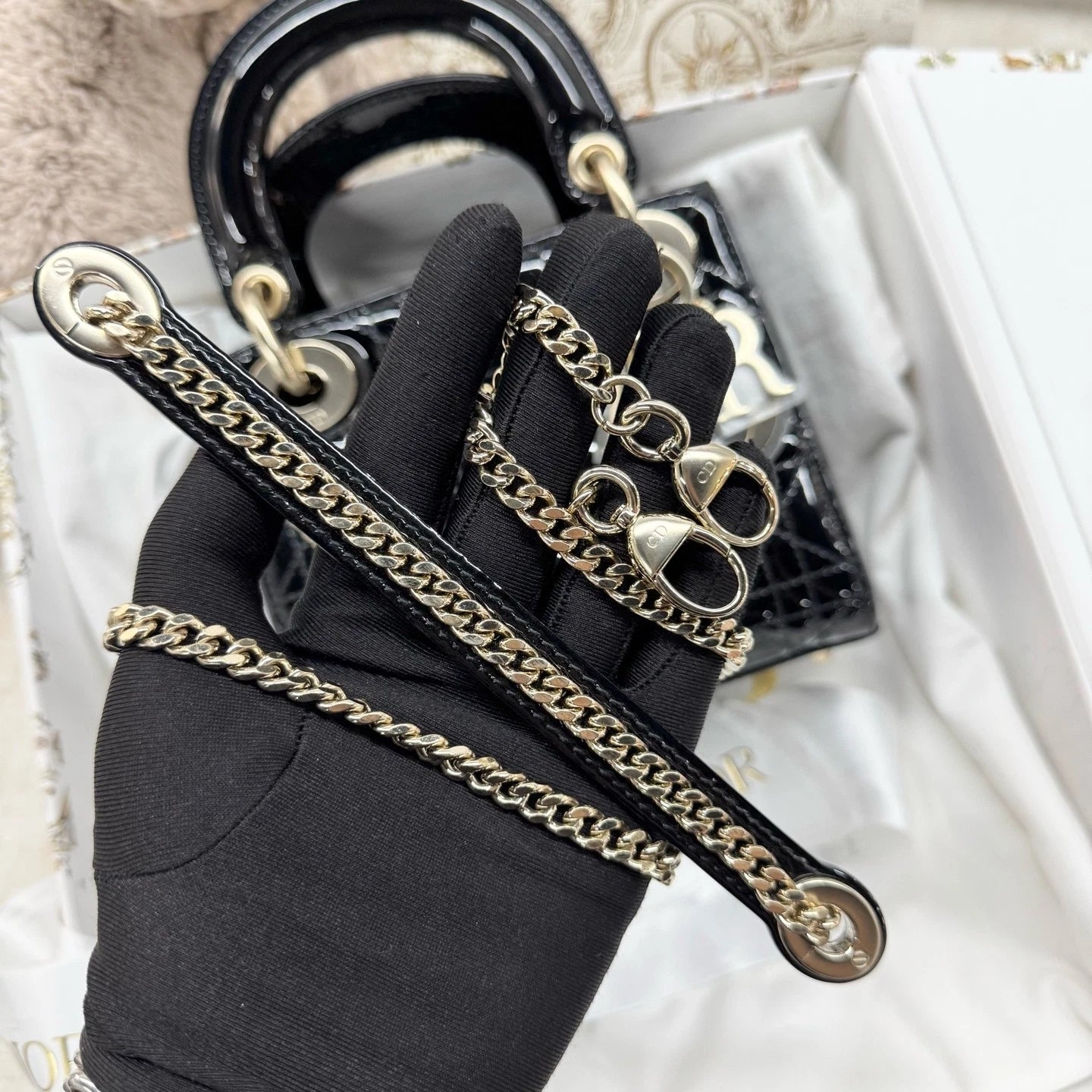 Dior Lady Dior Leather Black Gold Top Handle Excellent