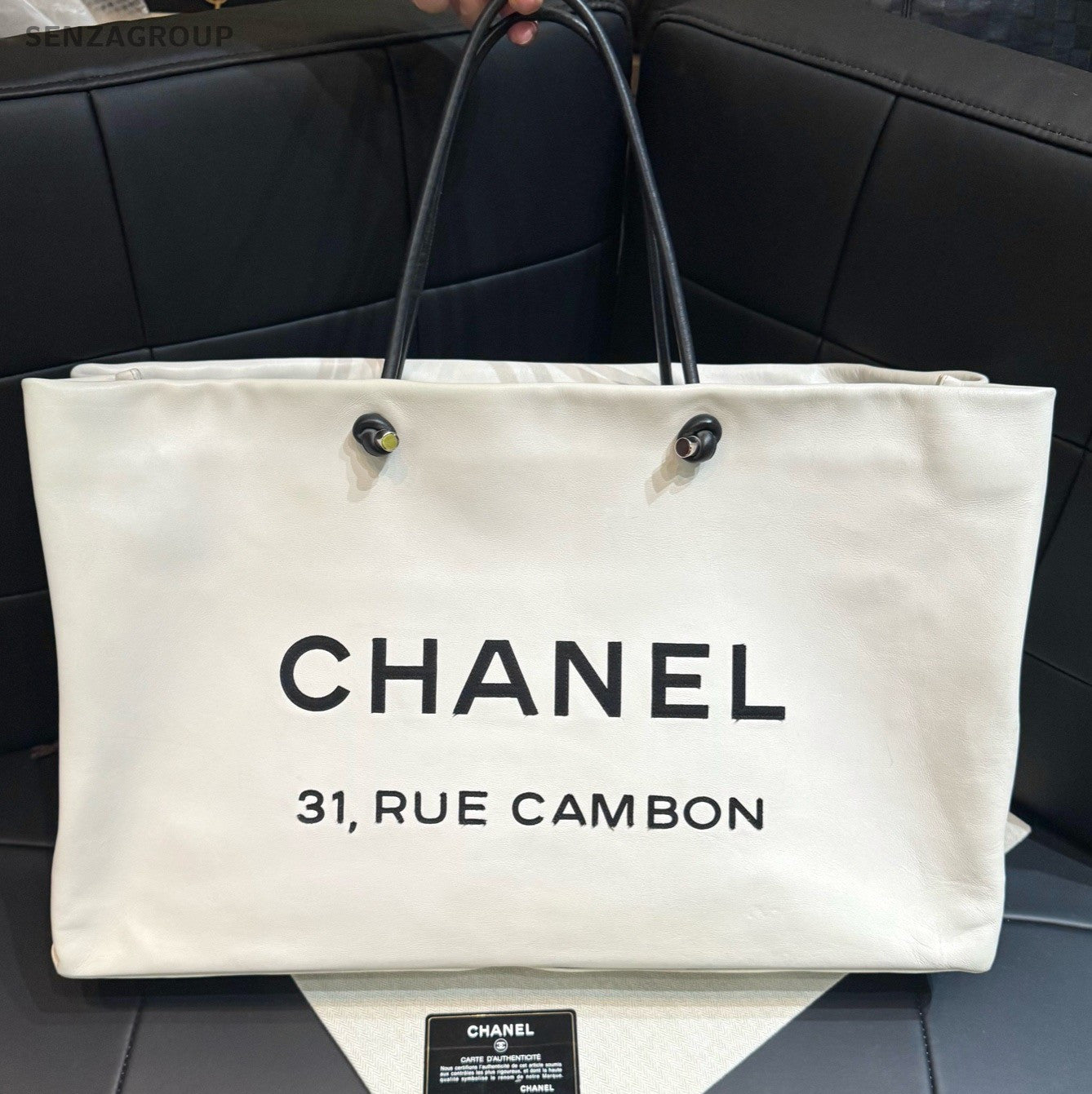 Chanel Cambon Calfskin Tote Shoulder Bag White Black Women Classic