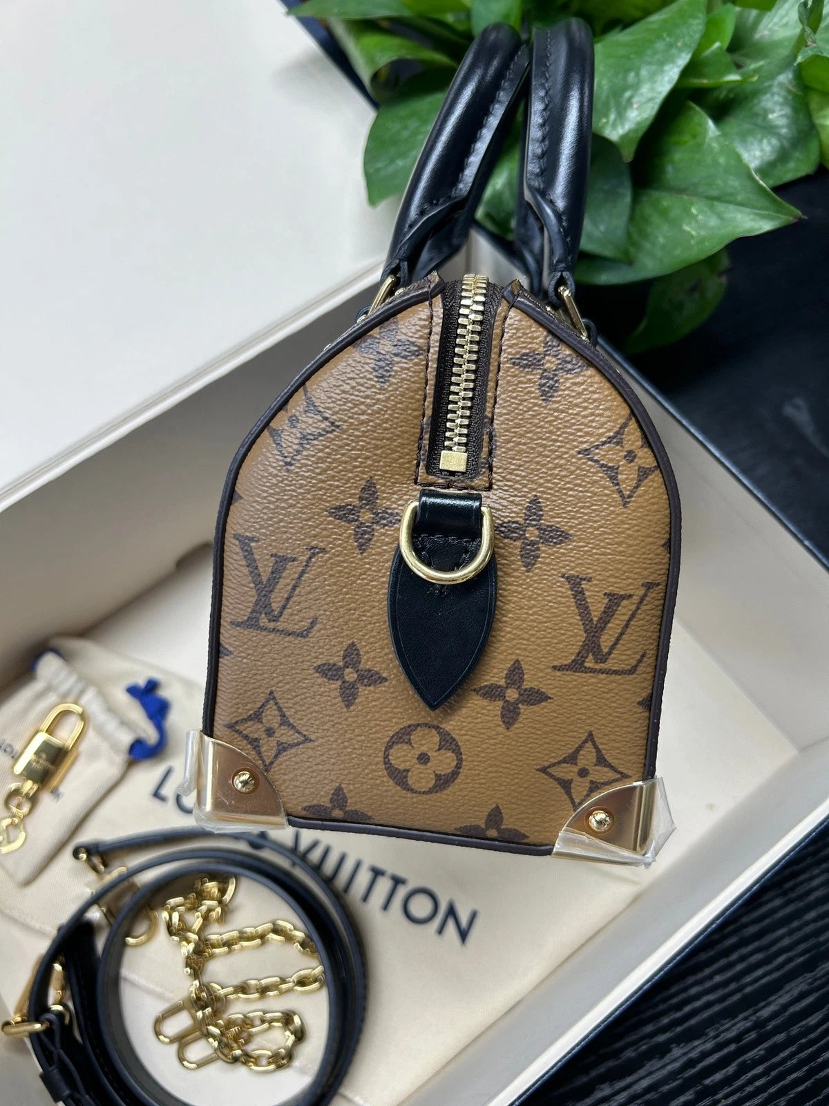Louis Vuitton Speedy Trunk 20 Brown Canvas Handbag Crossbody Bag Excellent