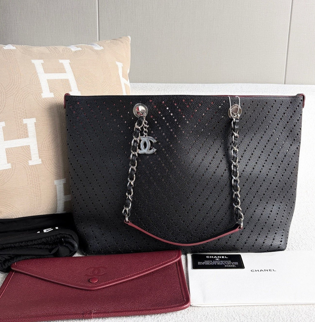 Chanel Shopping Tote Chain Shoulder Bag Black Silver Used Women Classic Fashion