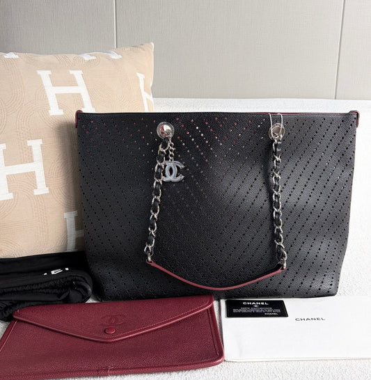 Chanel Shopping Tote Chain Shoulder Bag Black Silver Used Women Classic Fashion