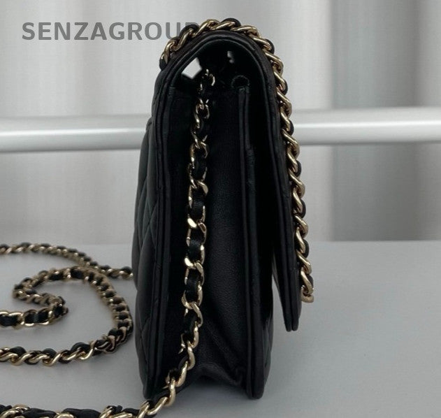 Chanel WOC Chain Shoulder Bag Crossbody Black Gold Women Classic Diamond