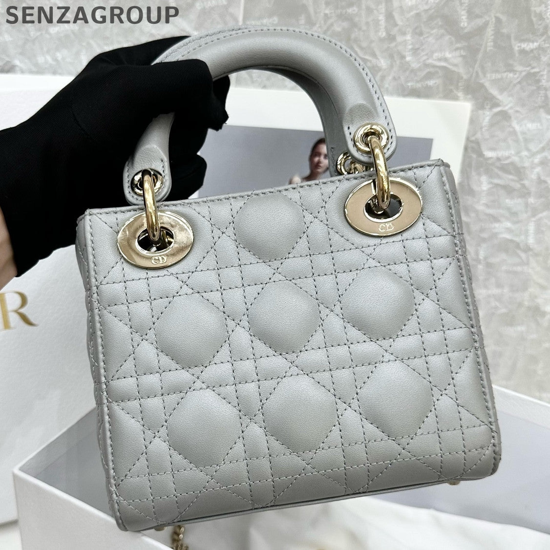 Dior Lady Dior Cannage Quilted Gray Gold Handbag Chain Strap
