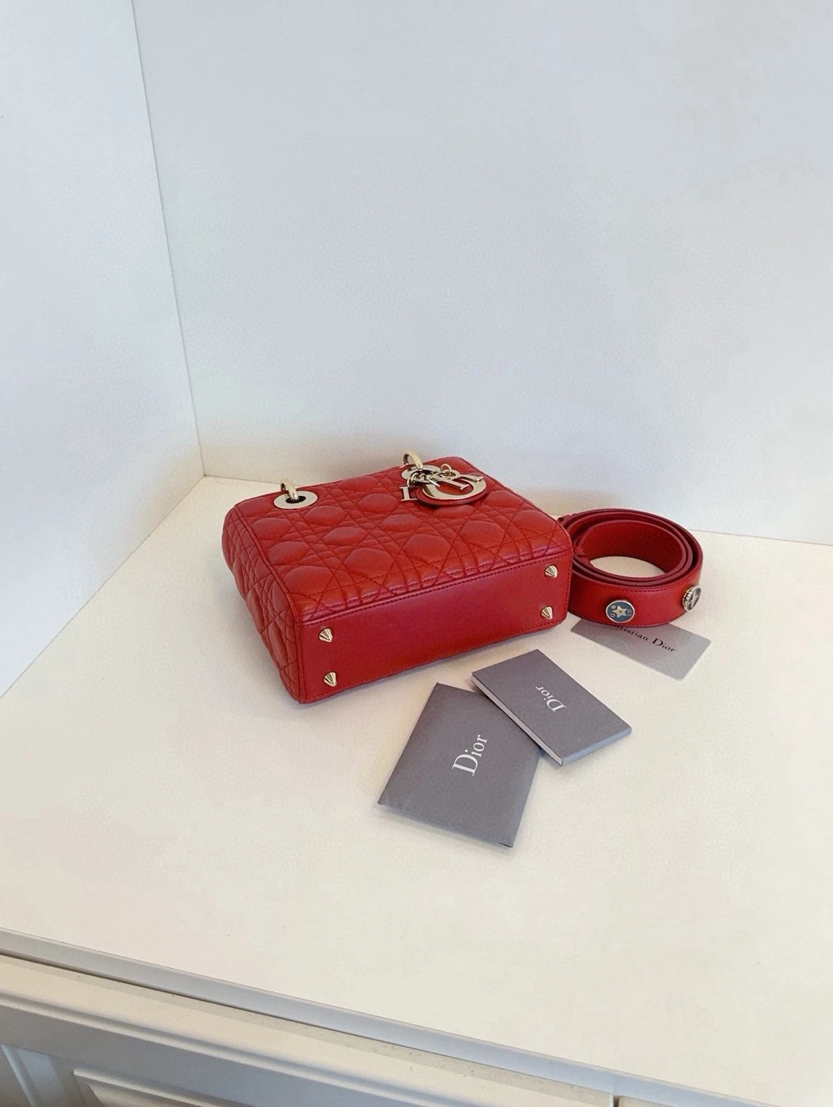Dior Lady Dior Leather Red Shoulder Bag Excellent