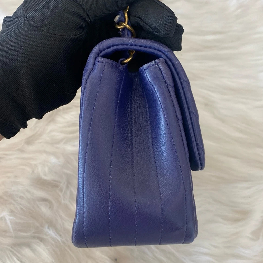 Chanel Classic Flap Blue Gold V-Pattern Chain Shoulder Bag