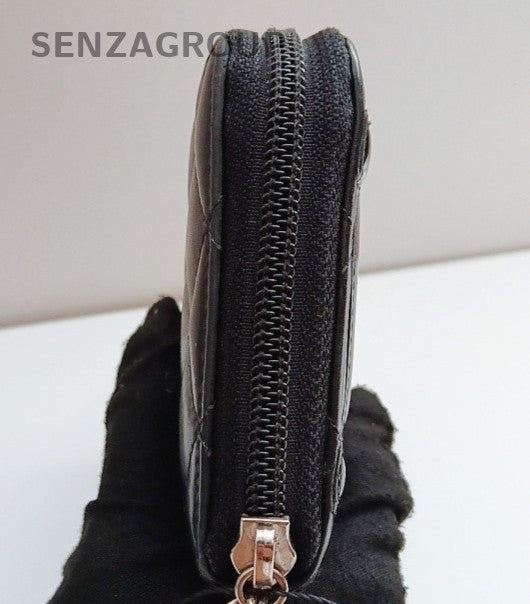 Chanel Diamond Zipping Wallet Clutch Black Silver Women Classic