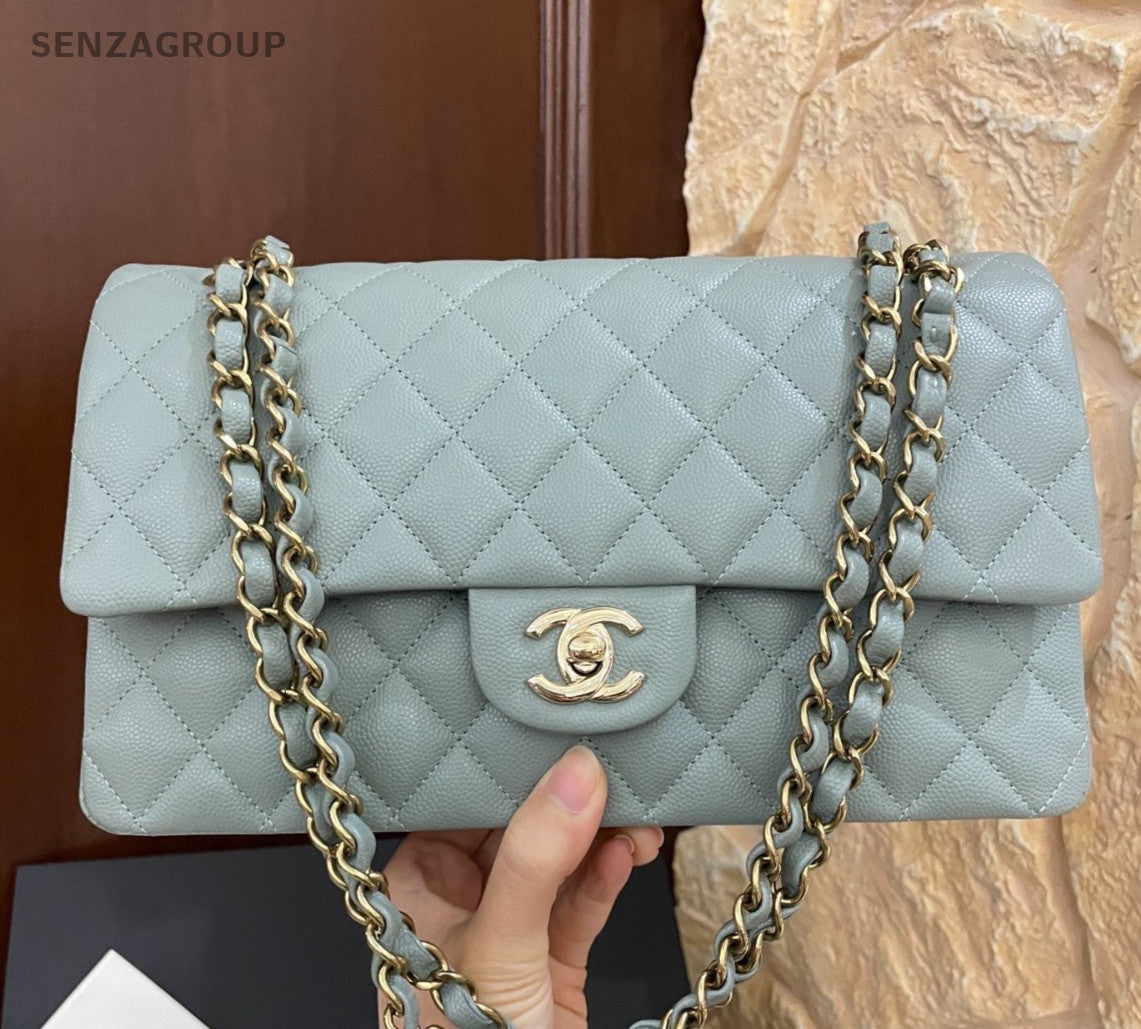 Chanel Classic Flap MM Calfskin Chain Shoulder Bag Crossbody Blue Gold Women