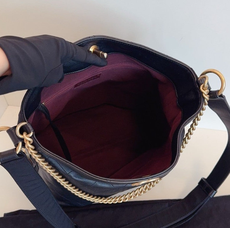 Chanel Hobo PM Chain Shoulder Bag Crossbody Black Gold Women Classic Diamond