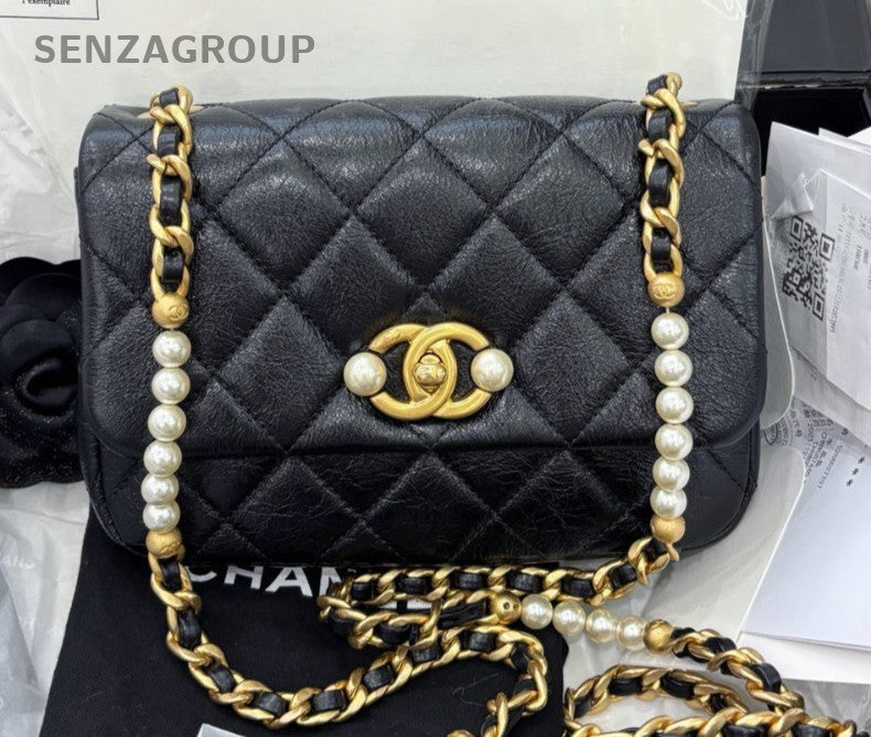 Chanel Diamond Pearl Chain Calfskin Shoulder Bag Crossbody Black Gold Women