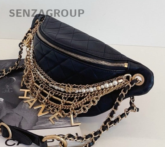 Chanel 19A Diamond Chain Bum Shoulder Bag Black Gold Used Women Classic Designer