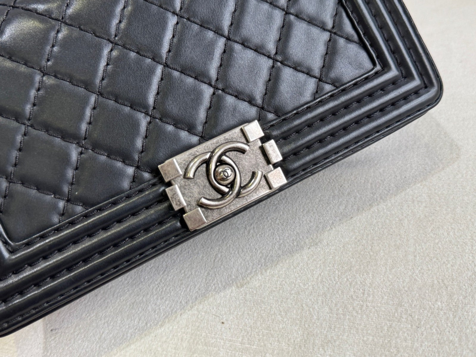 Chanel Leboy MM Chain Shoulder Bag Crossbody Black Silver Women Classic Diamond