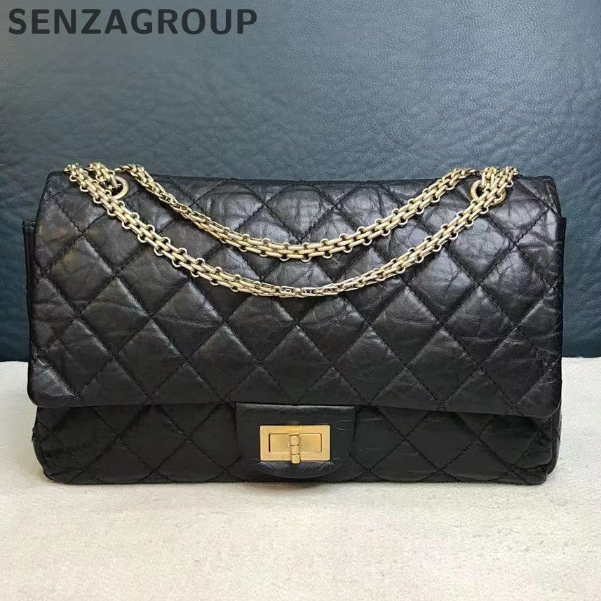 Chanel 2.55 Large Black Gold Chain Shoulder Crossbody Bag Classic Women