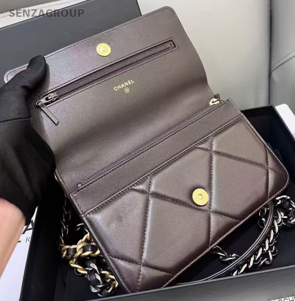 Chanel 19 WOC Chain Diamond Handbag Crossbody Chocolate Brown Gold Women Classic