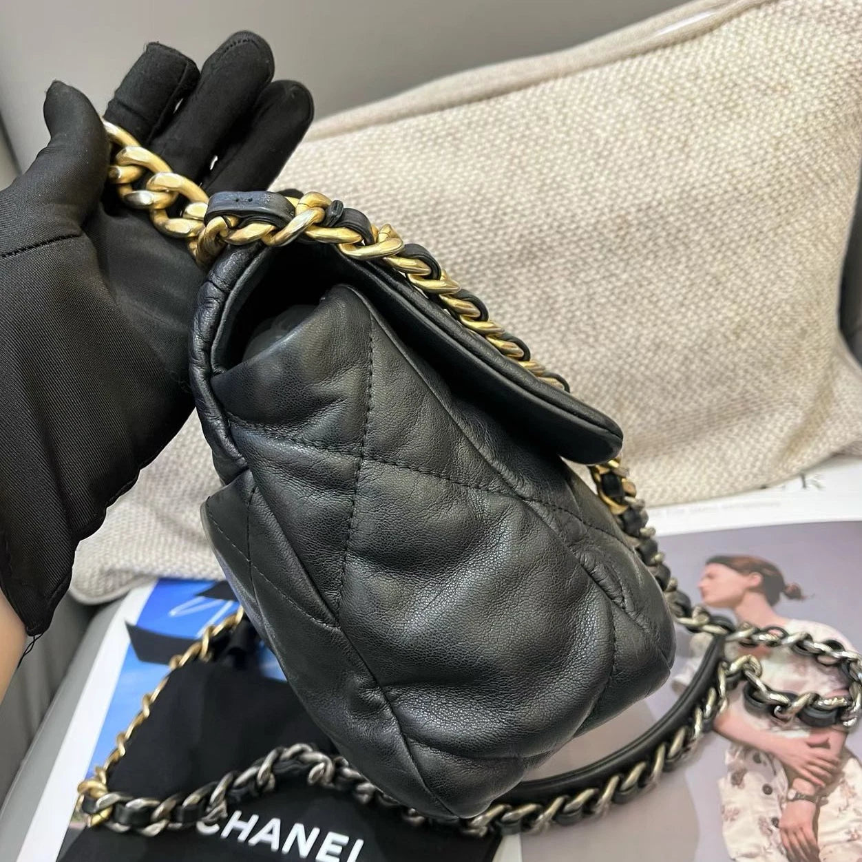 Chanel 19Bag PM Lambskin Chain Top Handle Crossbody Black Gold Women Classic