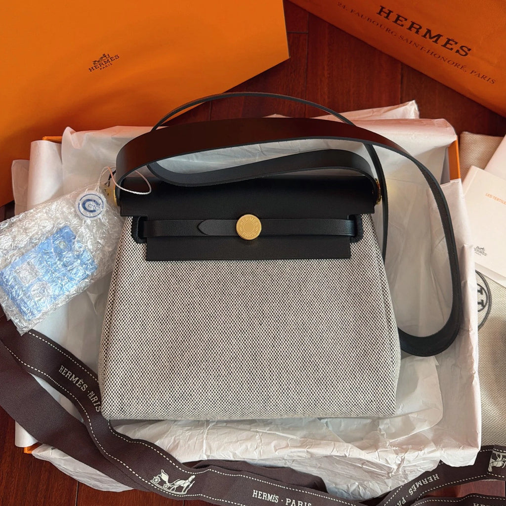 Hermes Herbag Mini Top Handle Shoulder Crossbody White Black Gold Women Classic