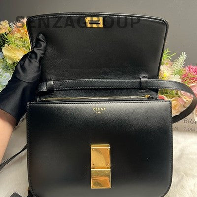 Celine Box Medium Black Gold Shoulder Bag Classic Women's