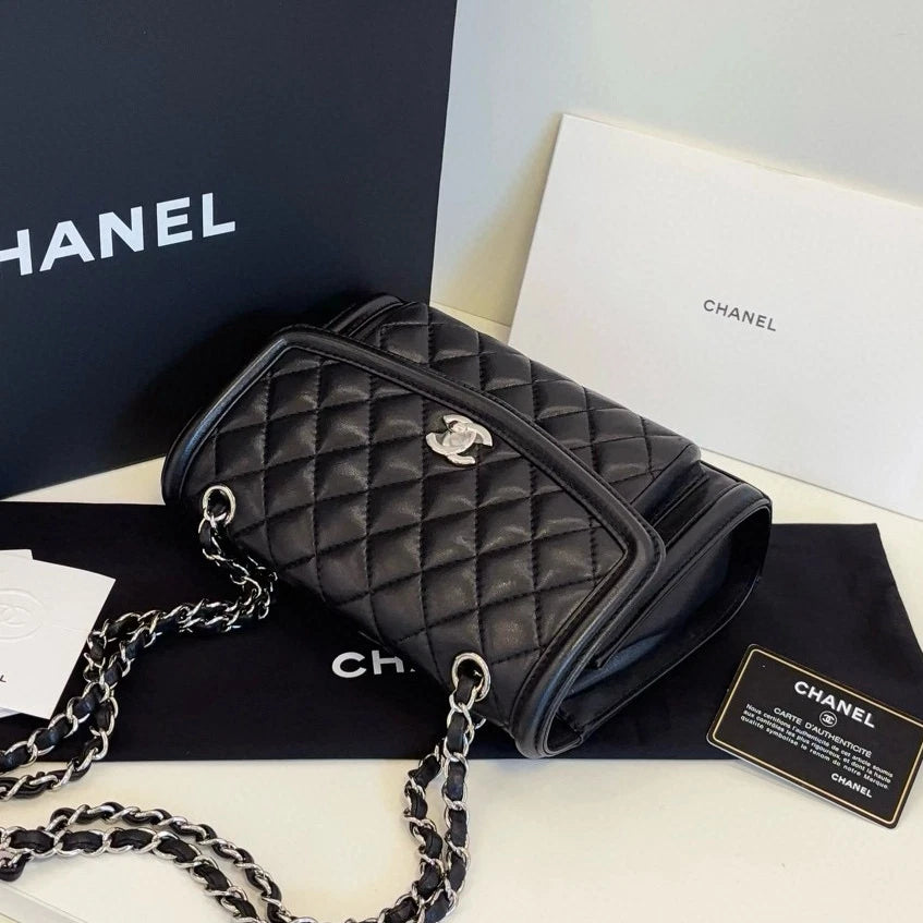 Chanel Classic Flap PM Chain Shoulder Crossbody Black Silver Diamond Women