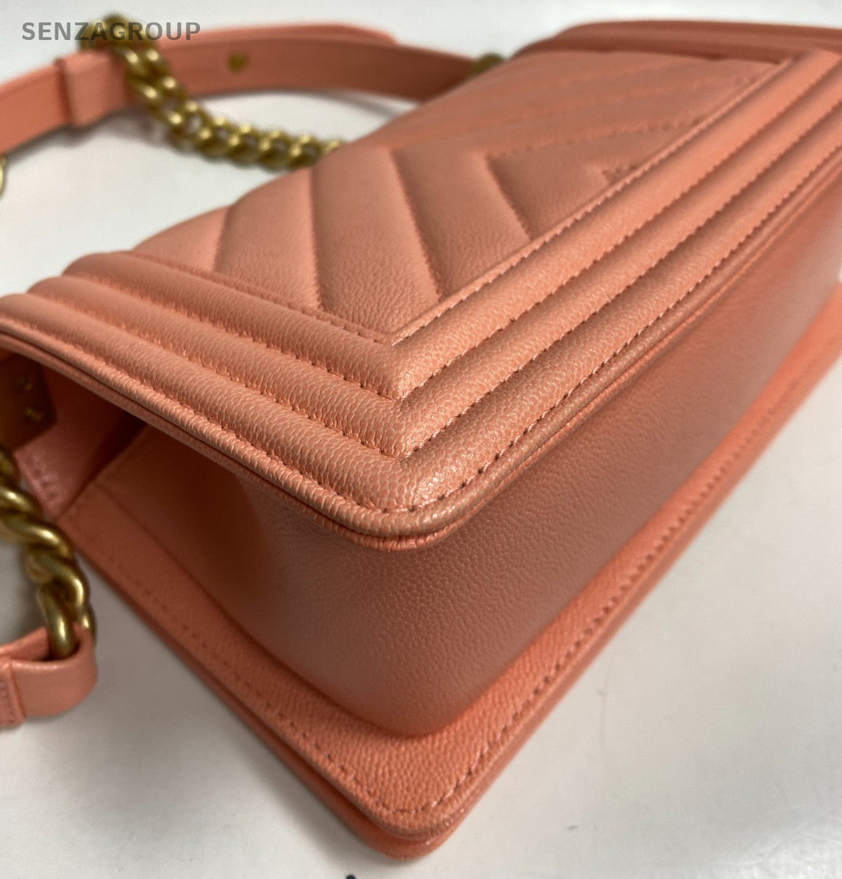 Chanel Leboy PM Chain Shoulder Bag Pink Gold Chevron Women Classic Fashion