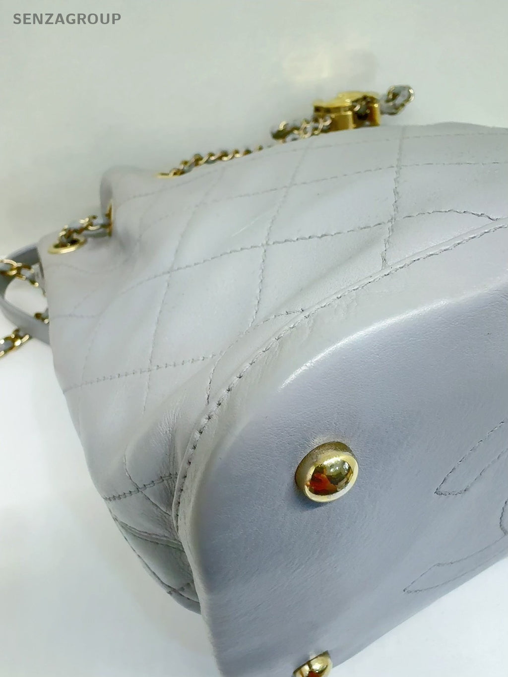 CHANEL Bucket Drawstring Calfskin Chain Shoulder bag Crossbody Gray Gold Women