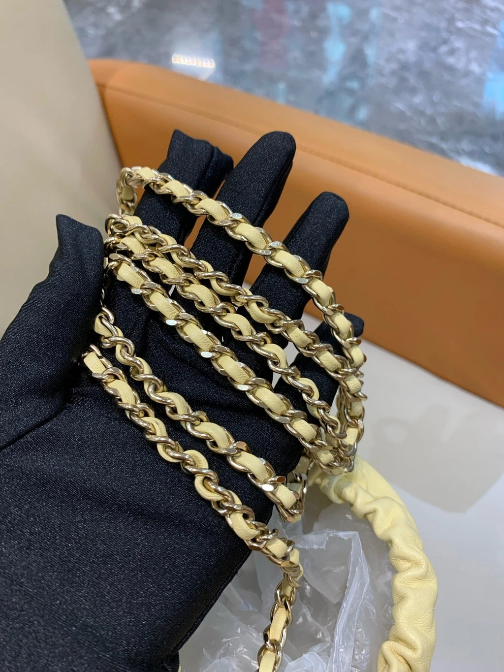CHANEL Women Yellow Drawstring Bucket Chain Crossbody Bag