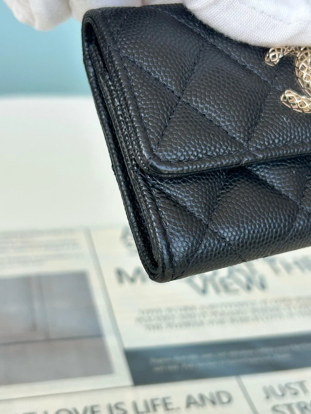 Chanel Calfskin Diamond Wallet Black Silver Women Classic