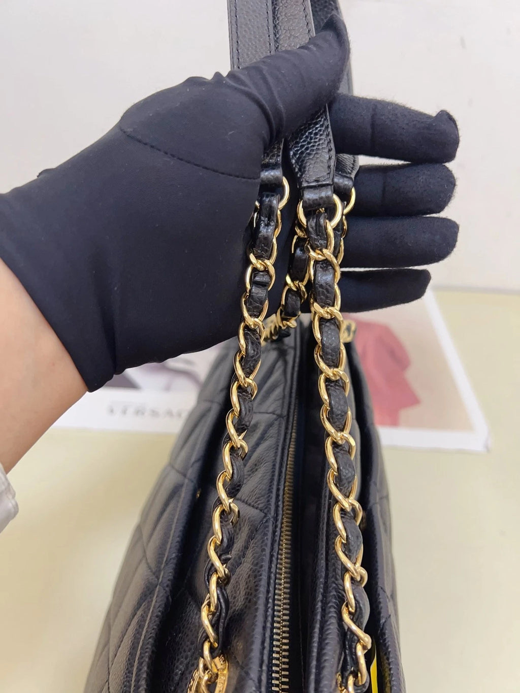 Chanel Diamond Chain Tote Shoulder Bag Black Gold Women CC Logo Classic