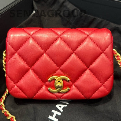 Chanel Quilted Chain Shoulder Crossbody Bag Red Gold Hardware Classic