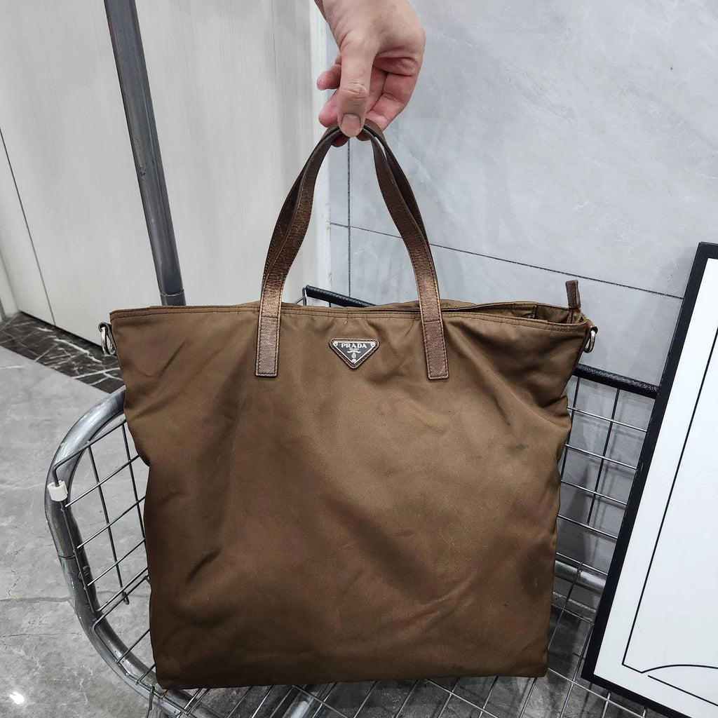 Prada Dark Brown Nylon Leather Tote Handbag For Women