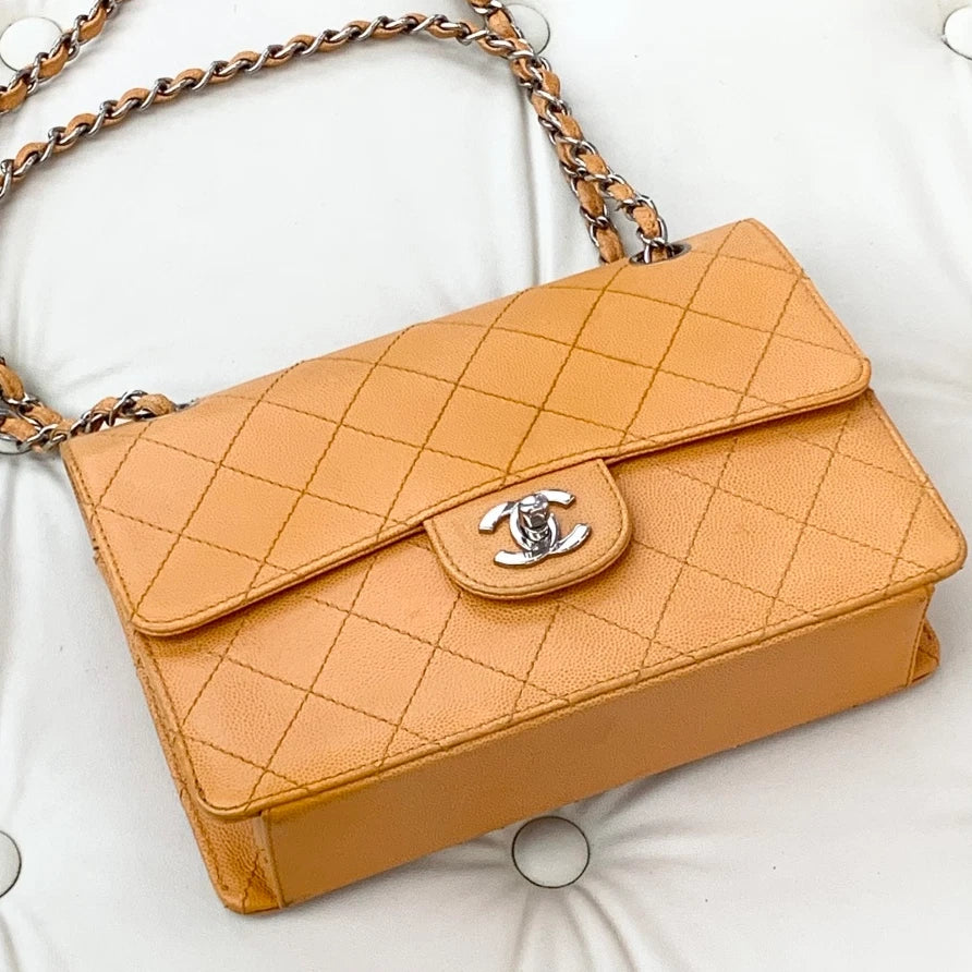 Chanel Classic Flap Chain Calfskin Shoulder Crossbody Bag Orange Women S