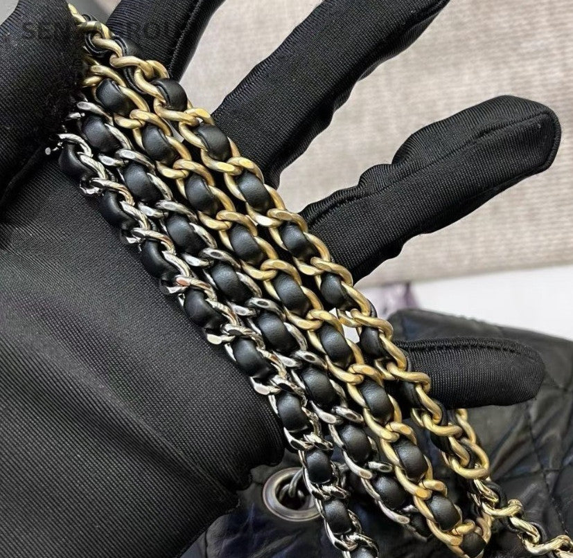 Chanel Gabrielle Diamond Chain Backpack Black Gold Silver Used Women Classic