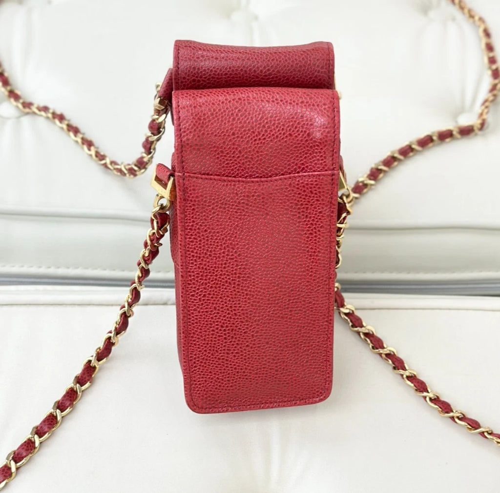 Chanel Vintage Calfskin Phone Bag Red Turn Lock Shoulder Bag Crossbody S