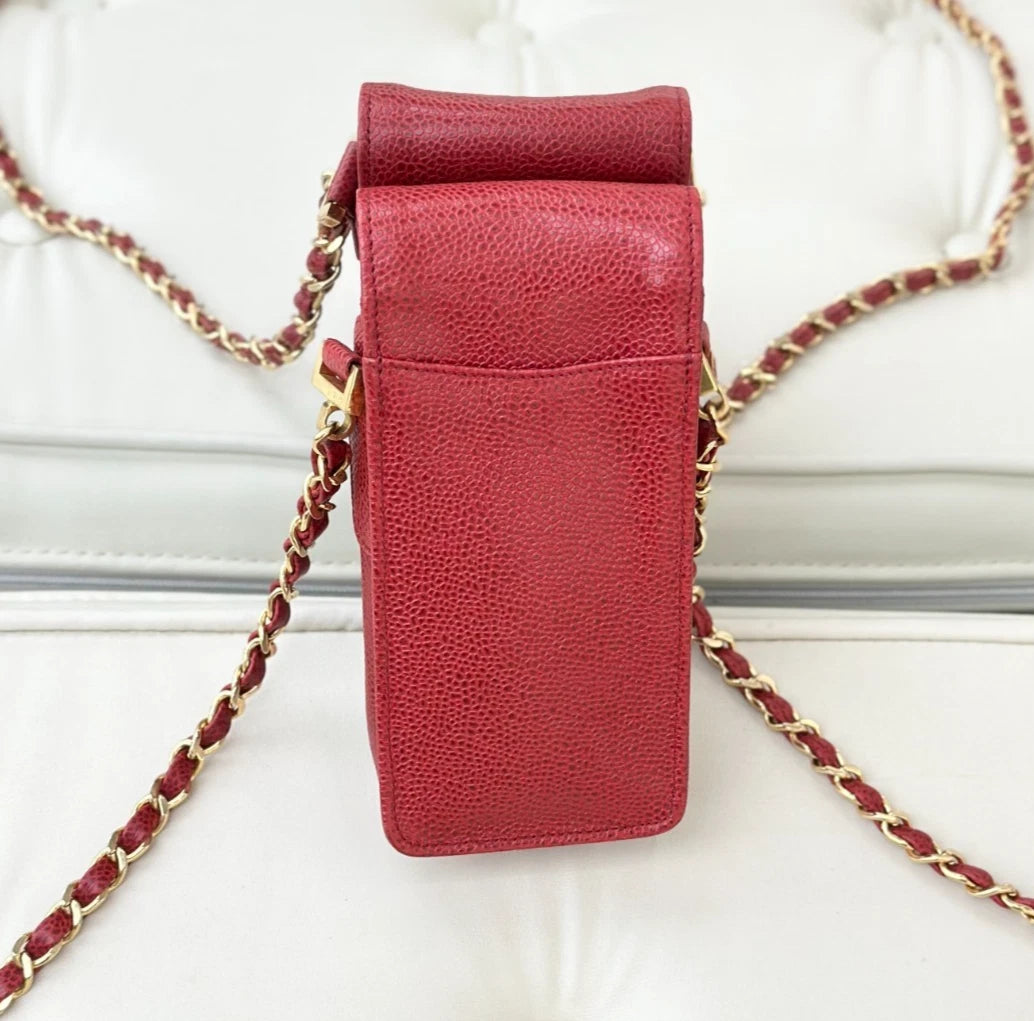 Chanel Vintage Calfskin Phone Bag Red Turn Lock Shoulder Bag Crossbody S