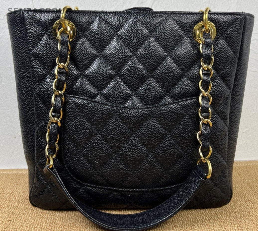 Chanel PST Calfskin Chain Shoulder Bag Black Gold Women Classic