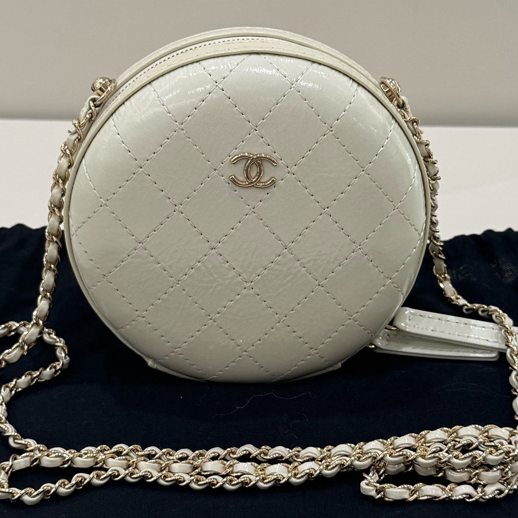 Chanel White Quilted Hard Round Bag Gold Chain Crossbody Classic