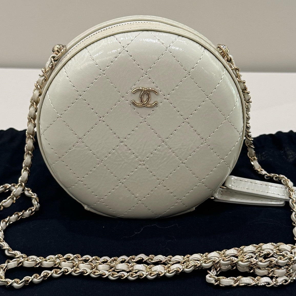 Chanel White Quilted Hard Round Bag Gold Chain Crossbody Classic