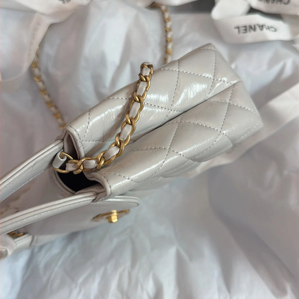 Chanel Kelly Diamond Chain Top Handle Crossbody Gray Gold Women Classic Fashion