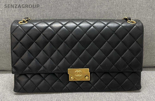 CHANEL Calfskin Diamond Pattern Chain Shoulder bag Black Gold Women